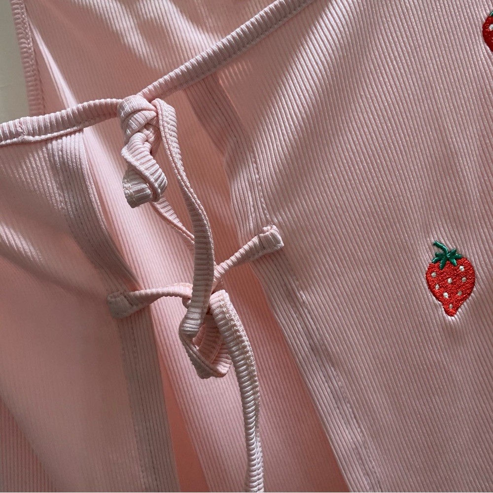 Baby Pink Strawberry Embroidered Cropped Self-Tie Cami NWOT - Picture 8 of 12